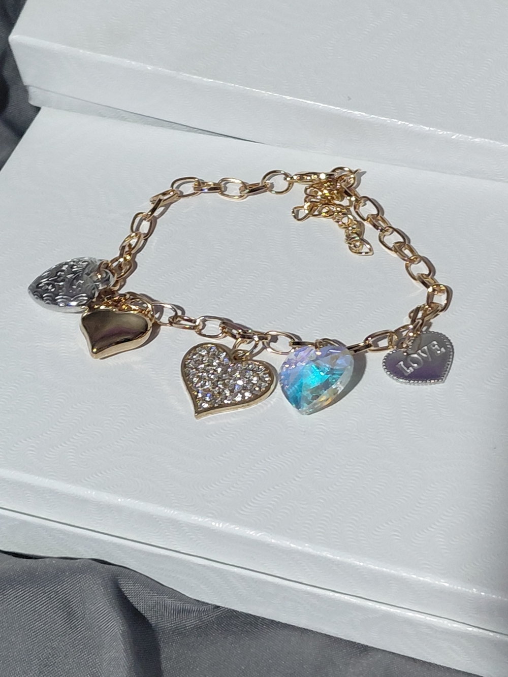 Gold-Tone Heart Charm Bracelet with Multicolor Crystal Accent